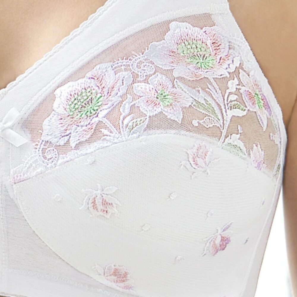 Glamorise White Lace Bra with Pink Floral Embroidery